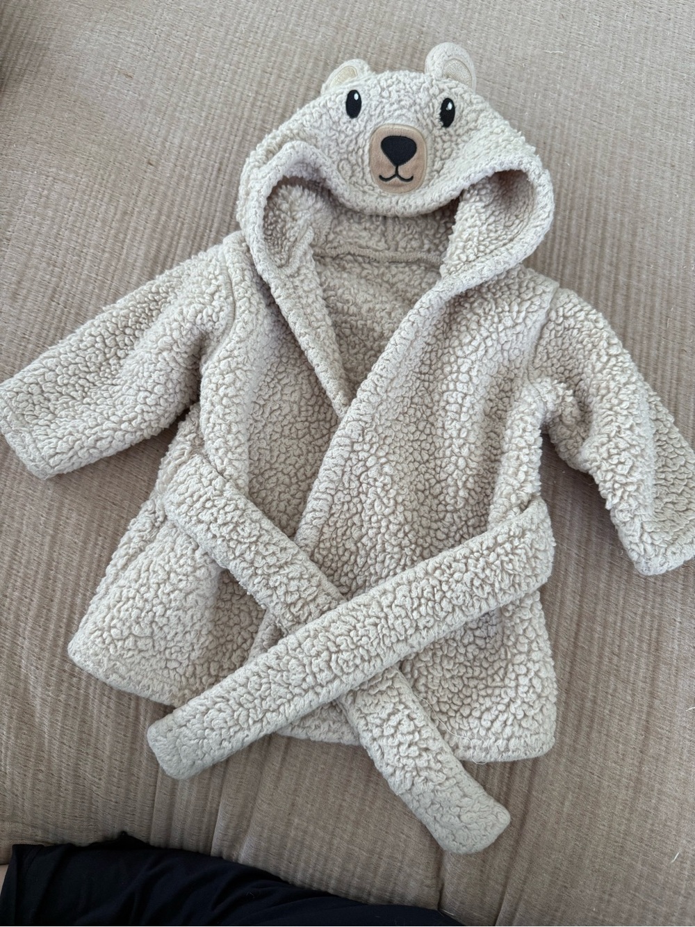 Plush Cream Bear Hooded Kids Robe with Tie Belt